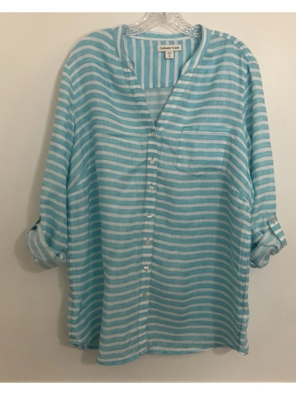 Coldwater Creek Linen Top XL Blue White Striped Roll Tab Sleeves Button Breezy